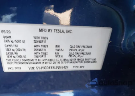 2020 Tesla Model Y Long Range Dual Motor All-Wheel Drive z USA, uszkodzony, nr VIN 5YJYGDEE5LF046424